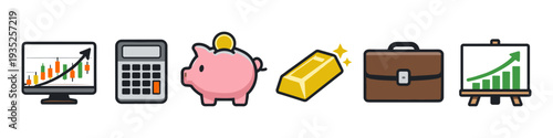 Financial growth icons: stock chart, calculator, piggy bank, gold, briefcase, and presentation