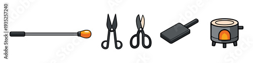 Set of tools for glassblowing: torch, scissors, paddle, and furnace
