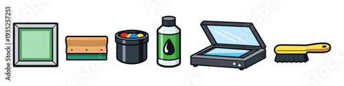 Set of screen printing tools and supplies for graphic design and art projects