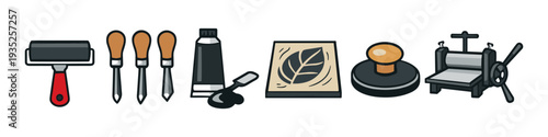 Collection of tools and materials for linocut printing and relief printing techniques