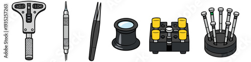 Collection of watchmaker tools for precision repair and maintenance of timepieces