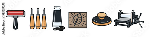 Collection of tools and materials for linocut and printmaking art projects
