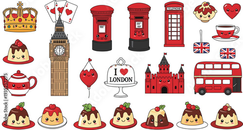 Cute London Landmark and British Culture Cartoon Set with Big Ben, Red Bus, Post Box, Crown and Dessert Vector Illustration