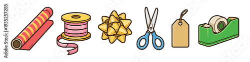 Gift wrapping supplies including paper, ribbon, bow, scissors, tag, and tape dispenser