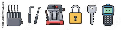 Collection of locksmith tools, padlock, key, and car remote for security and access services