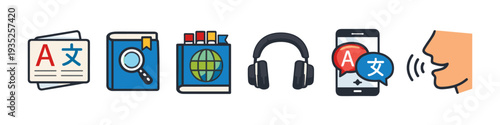 Collection of icons representing language learning, translation, and communication tools