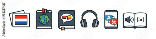 Collection of icons representing language learning and translation tools and resources