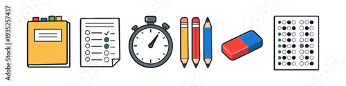 School and testing supplies including notebook, checklist, stopwatch, pencils, eraser, and answer sheet