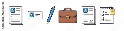 Collection of business and job application icons including resume, ID, pen, briefcase, and checklist