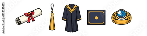Graduation symbols: diploma, tassel, cap and gown, dice, and class ring