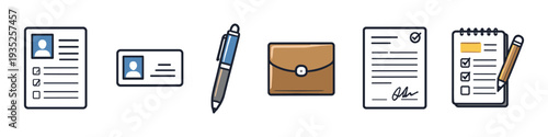 Collection of business and office icons representing documents, identification, and writing tools