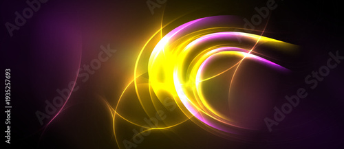 Abstract energy flows, vibrant yellow curves against purple backdrop. Dynamic light creates swirling patterns, modern design element.