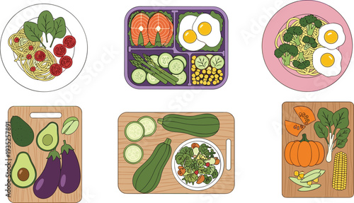 Healthy Vegetarian Meal Prep and Fresh Organic Vegetables Collection, Balanced Diet Food Plates and Ingredients Vector Illustration Set