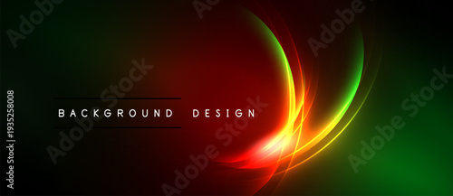 Dark background features vibrant red, green gradients. Curved lines create dynamic visual effect. Text reads background design.