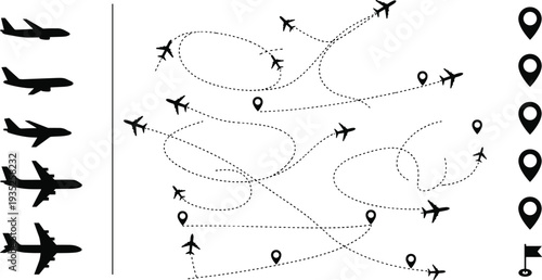 Airplane flight path puzzle, aviation route matching illustration, aircraft silhouette icons, travel destination design, black and white vector artwork set