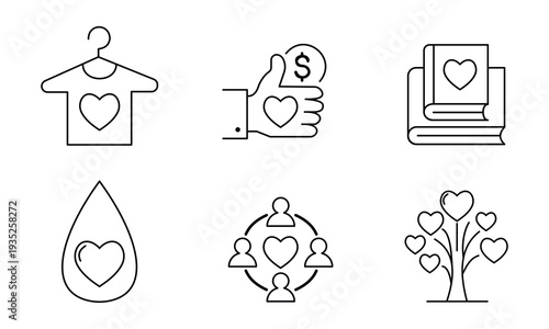 Charity and donation icon set. Concepts of clothing donation, financial support, book giving, blood donation, community network, and growth of love or philanthropy tree.