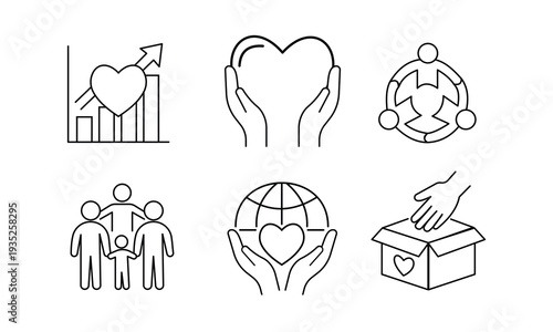 Charity growth and global philanthropy icon set. Concepts of donation statistics, world care, unity in diversity, family support, and hands giving to a donation box in thin line style.