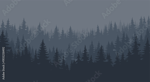 Vector illustration depicting a dense pine forest silhouette in varying shades of blue, conveying a mysterious and tranquil mood, perfect for nature backgrounds or design elements.