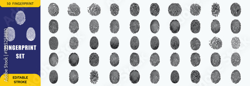 Collection of fingerprint icons for detective work. Ten different thumbprint patterns with detailed ridges. Police identification and criminal record verification set