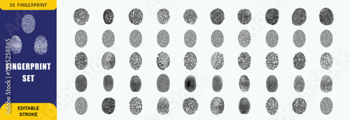 Collection of fingerprint icons for detective work. Ten different thumbprint patterns with detailed ridges. Police identification and criminal record verification set