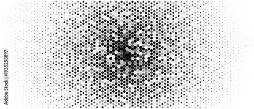 Halftone hexagon honeycomb radial burst, monochrome geometric dots. Modern tech background for landing hero, banner, cover, poster, UI, packaging, presentation, print templates. Vector illustration.