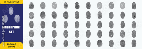 Collection of fingerprint icons for detective work. Ten different thumbprint patterns with detailed ridges. Police identification and criminal record verification set