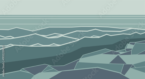 A geometric illustration depicts a rocky seascape with varying shades of teal, creating a calm and minimalist mood perfect for backgrounds or design elements.