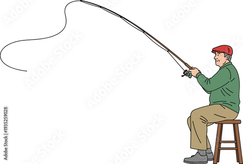 Man fishing illustration, recreational activity artwork, fisherman casting rod design, outdoor hobby vector, sport fishing scene, leisure lifestyle silhouette