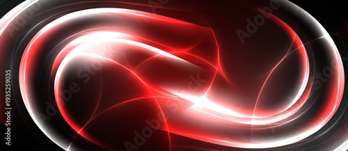 Abstract red, white swirls dominate black background. Dynamic energy radiates from central point, creating flowing lines.