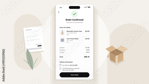 Smartphone screen displaying order confirmation for online shopping with receipt and delivery box on minimalist background