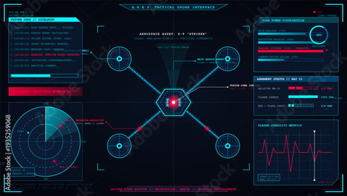Futuristic tactical drone interface with heads up display elements including radar system logs and power distribution metrics