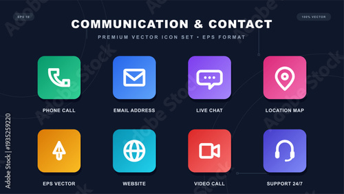 Communication and contact icon set featuring phone email chat location website video call and support symbols on dark background