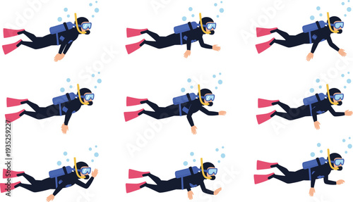 Scuba Diver Swimming Underwater Collection Vector Illustration, Professional Diving Gear and Marine Exploration Activity Isolated on White Background