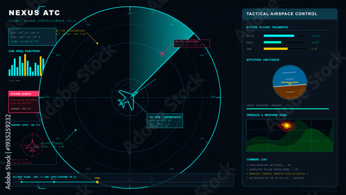 Futuristic tactical airspace control radar interface with flight telemetry data and global surveillance system display