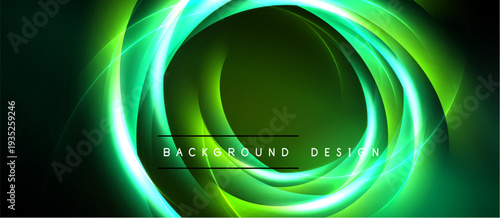Abstract green design features glowing circular layers. Dark background emphasizes bright neon effect, modern aesthetic.