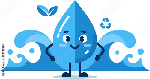 A charming animated water drop character standing proudly amidst wavy blue water, representing environmental conservation and recycling