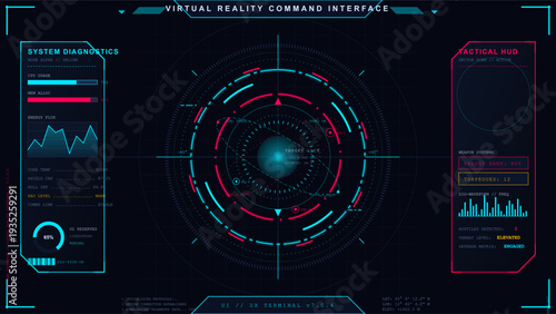 Futuristic virtual reality command interface with tactical head up display system diagnostics and target lock data on dark background
