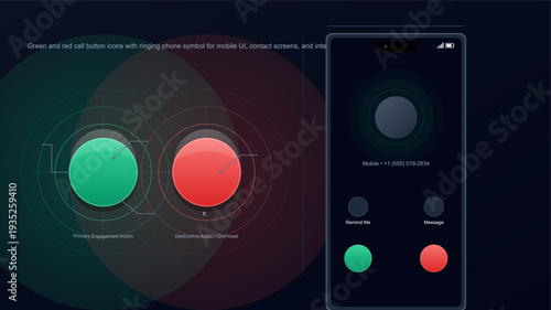 Smartphone user interface design with green and red call buttons for incoming mobile phone communication and contact management