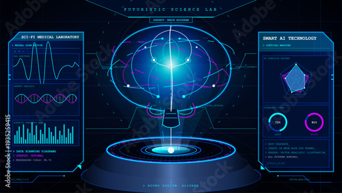Futuristic medical laboratory interface with digital brain hologram and neural scanning data panels on dark blue background