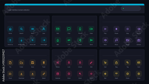 User interface icon set with colorful line symbols for web and mobile applications in dark mode theme