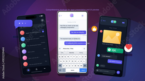 Messaging app user interface mockups on smartphone screens with chat bubbles and keyboard on dark background