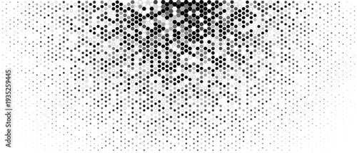 Hexagon halftone drips downward, calm mood. Cells fade, density drop top bottom. Topics technology, data. Use background, banner, website, slide, print. Minimal monochrome. Vector illustration