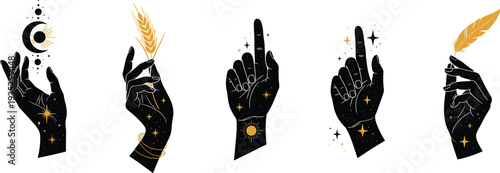 Mystical hand illustration collection, celestial moon sun feather wheat artwork, spiritual cosmic design icons, black and gold vector artwork set