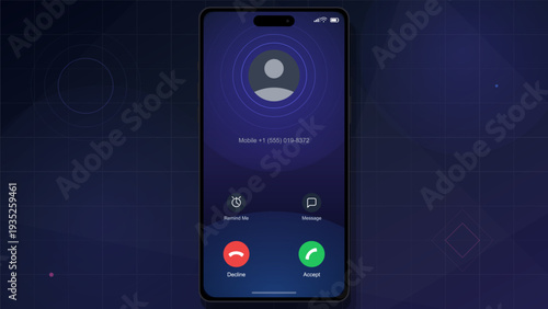 Smartphone screen showing incoming call interface with accept and decline buttons on dark blue geometric background