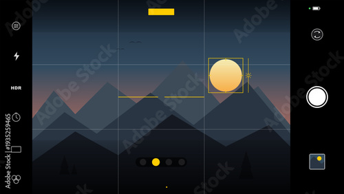 Smartphone camera interface screen showing mountain landscape at sunset with focus frame and grid lines