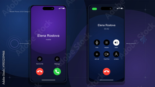 Mobile phone user interface design for incoming and active calling screens with dark mode theme and call control icons