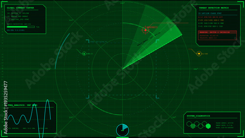 Futuristic green radar screen interface with scanning beam and digital data display for military or aviation monitoring