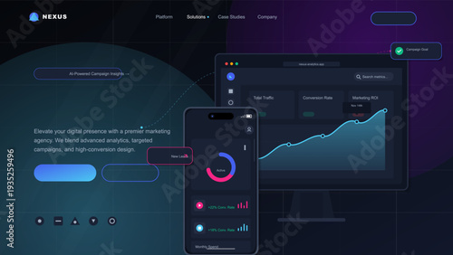Modern dark mode marketing analytics dashboard interface with data visualization charts on desktop and mobile screens