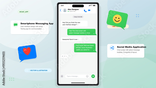 Smartphone messaging app user interface design with chat bubbles and mobile screen layout for social media communication