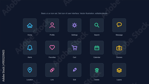 Colorful user interface icon set for mobile app and web design on dark background including home profile and settings